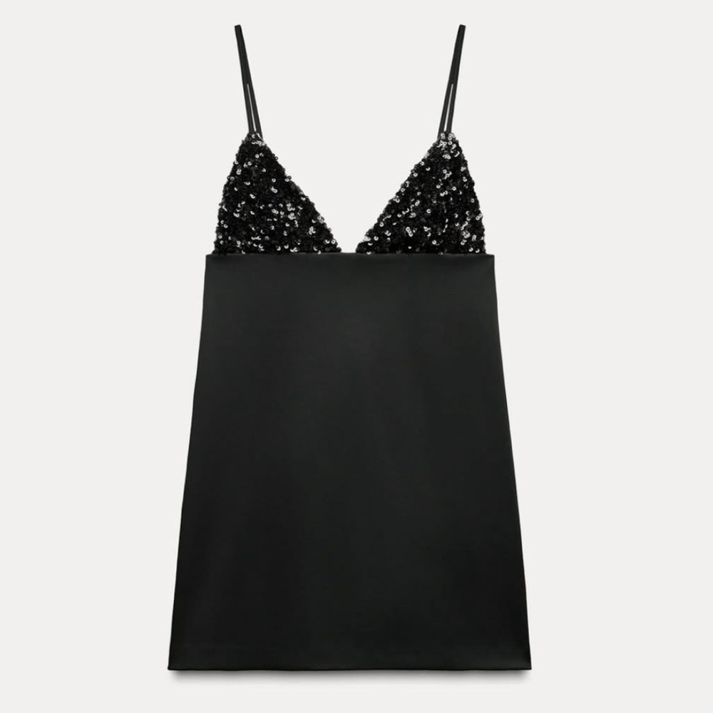 Zara Black Sequin Lace Slip Dress NWT Small Satin Mini Night Out Party - Picture 1 of 7